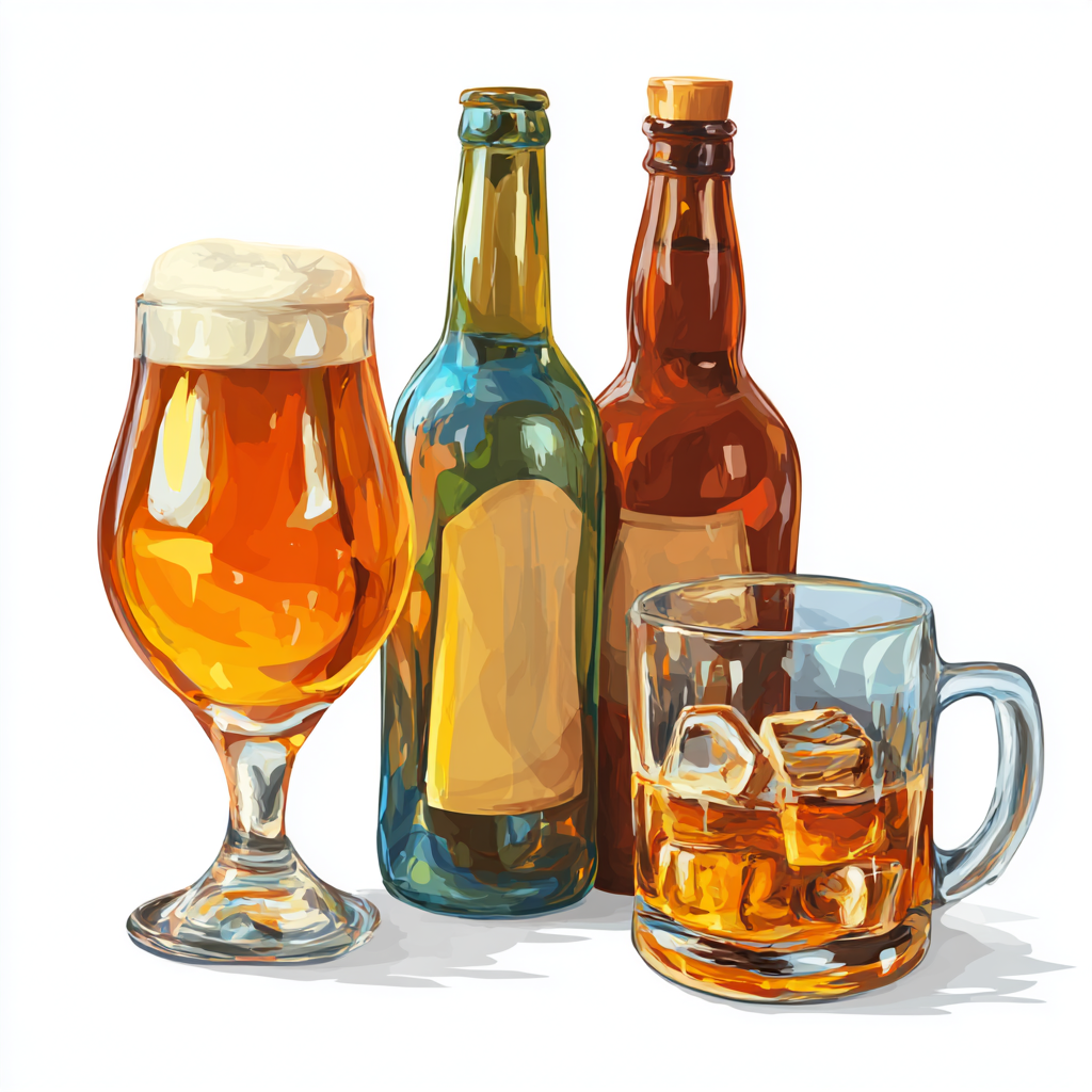 Beer mug wine glass and liquor bottle set alc, alcohol clipart