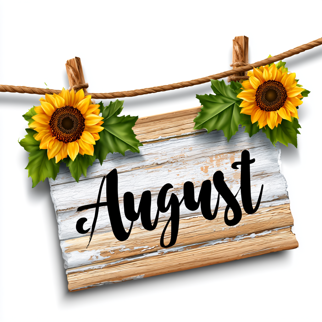 Colorful August lettering with sunflowers and, august clipart