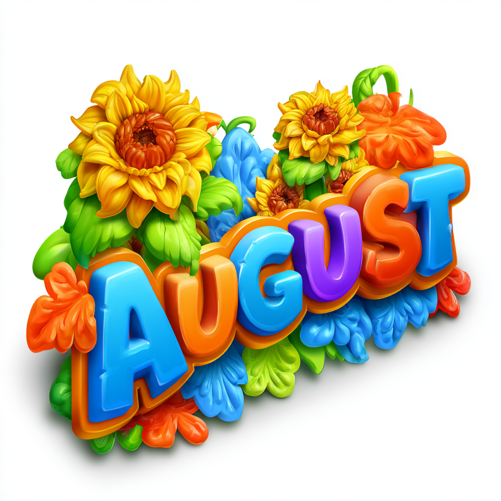 Colorful August lettering with sunflowers and, august clipart