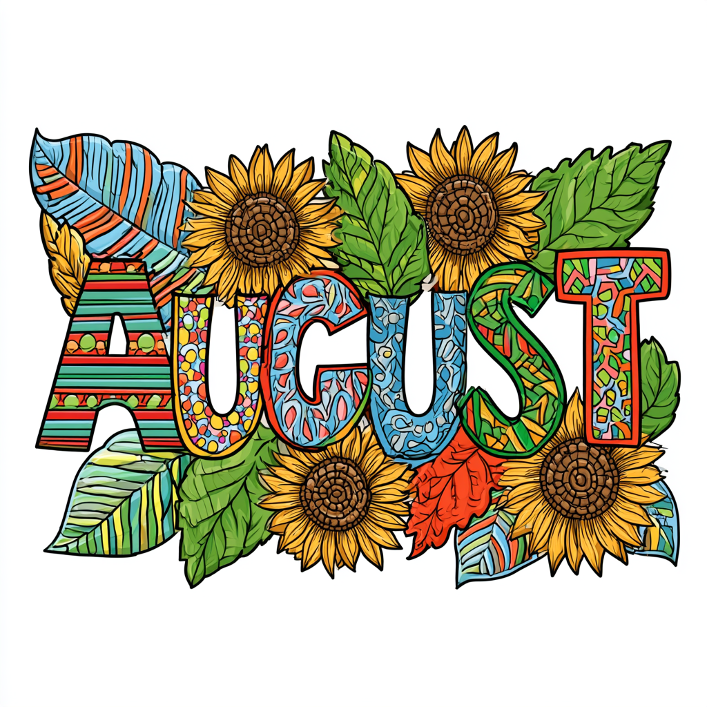 Colorful August lettering with sunflowers and, august clipart