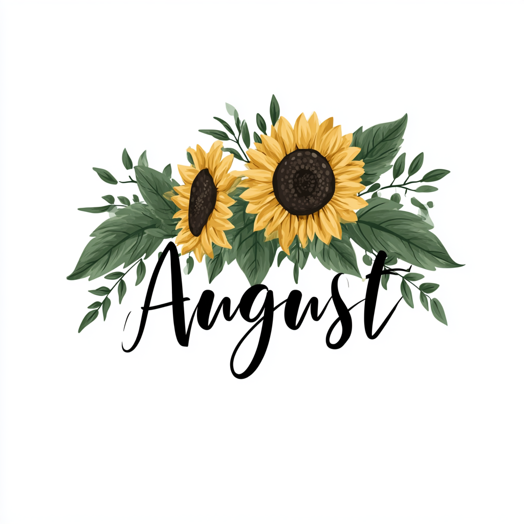 Colorful August lettering with sunflowers and, august clipart