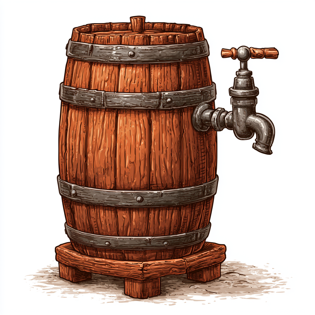 Vintage wooden barrel with tap brewery and win, barrel clipart