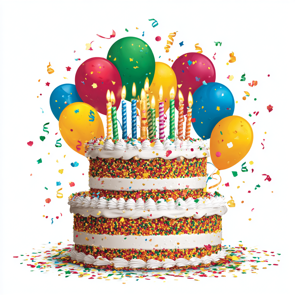 Colorful layered birthday cake with lit, birthday cake clipart
