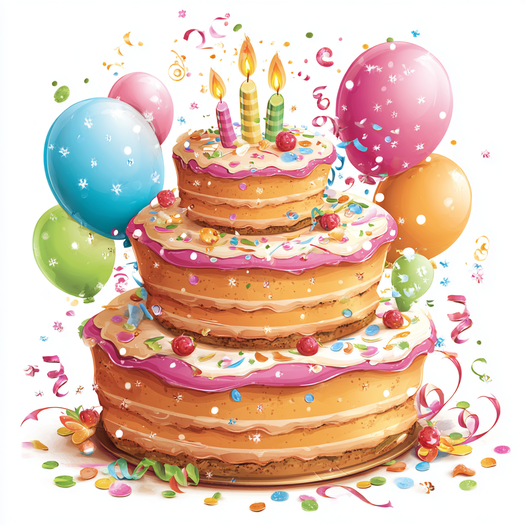Colorful layered birthday cake with lit, birthday cake clipart