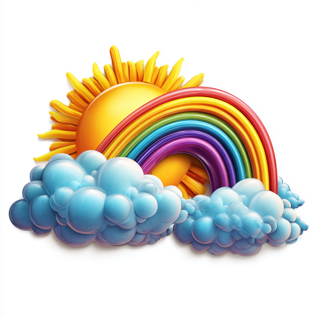 Colorful rainbow with clouds and sun clean car, bright clipart
