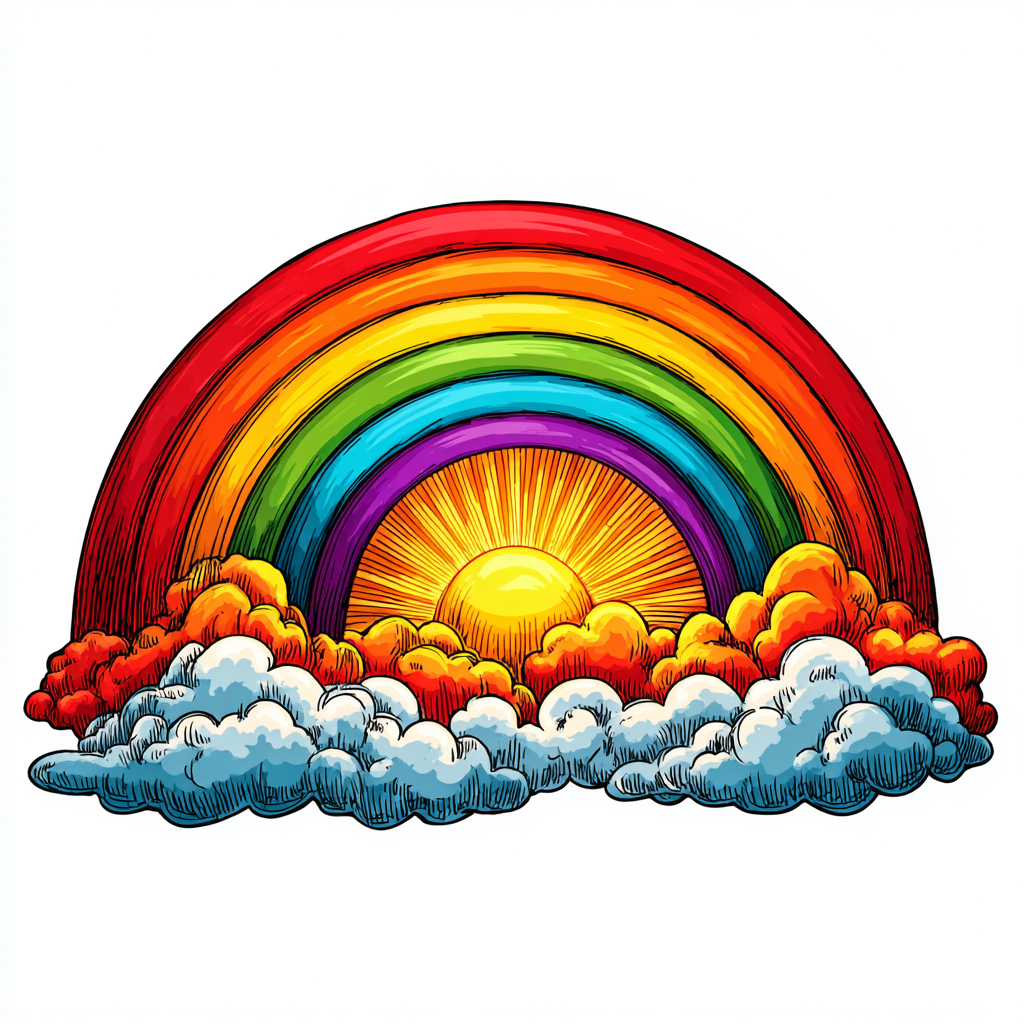Colorful rainbow with clouds and sun clean car, bright clipart