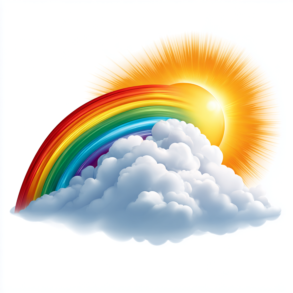 Colorful rainbow with clouds and sun clean car, bright clipart