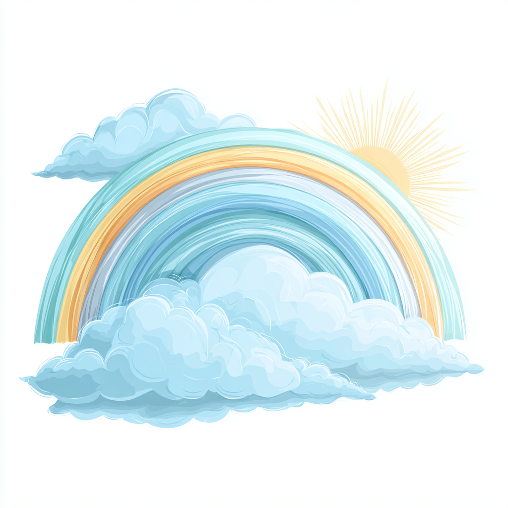 Colorful rainbow with clouds and sun clean car, bright clipart
