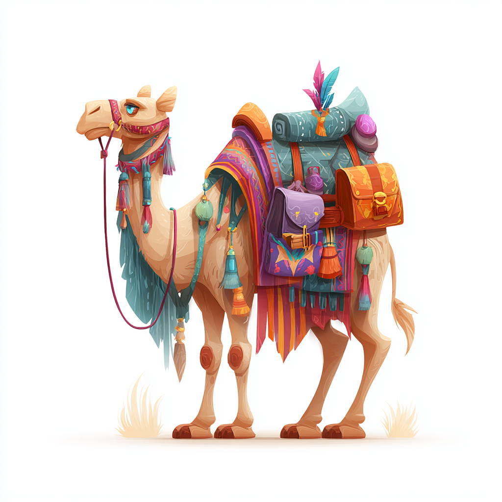 Camel with colorful saddle and reins desert tra, camel clipart