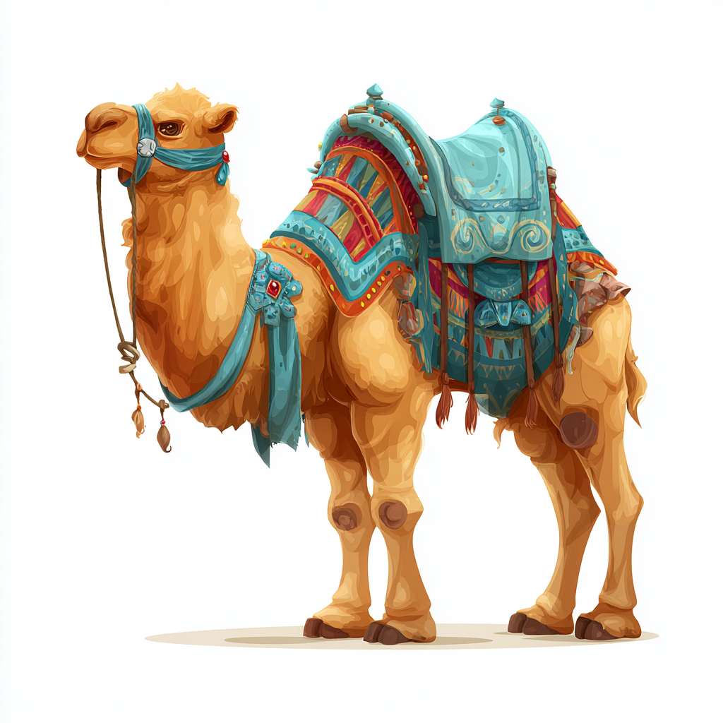 Camel with colorful saddle and reins desert tra, camel clipart