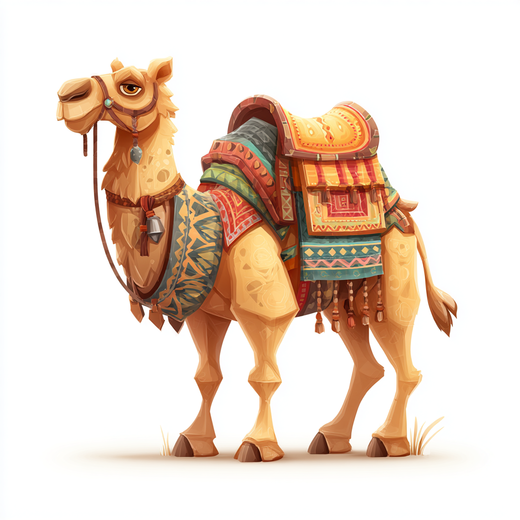Camel with colorful saddle and reins desert tra, camel clipart