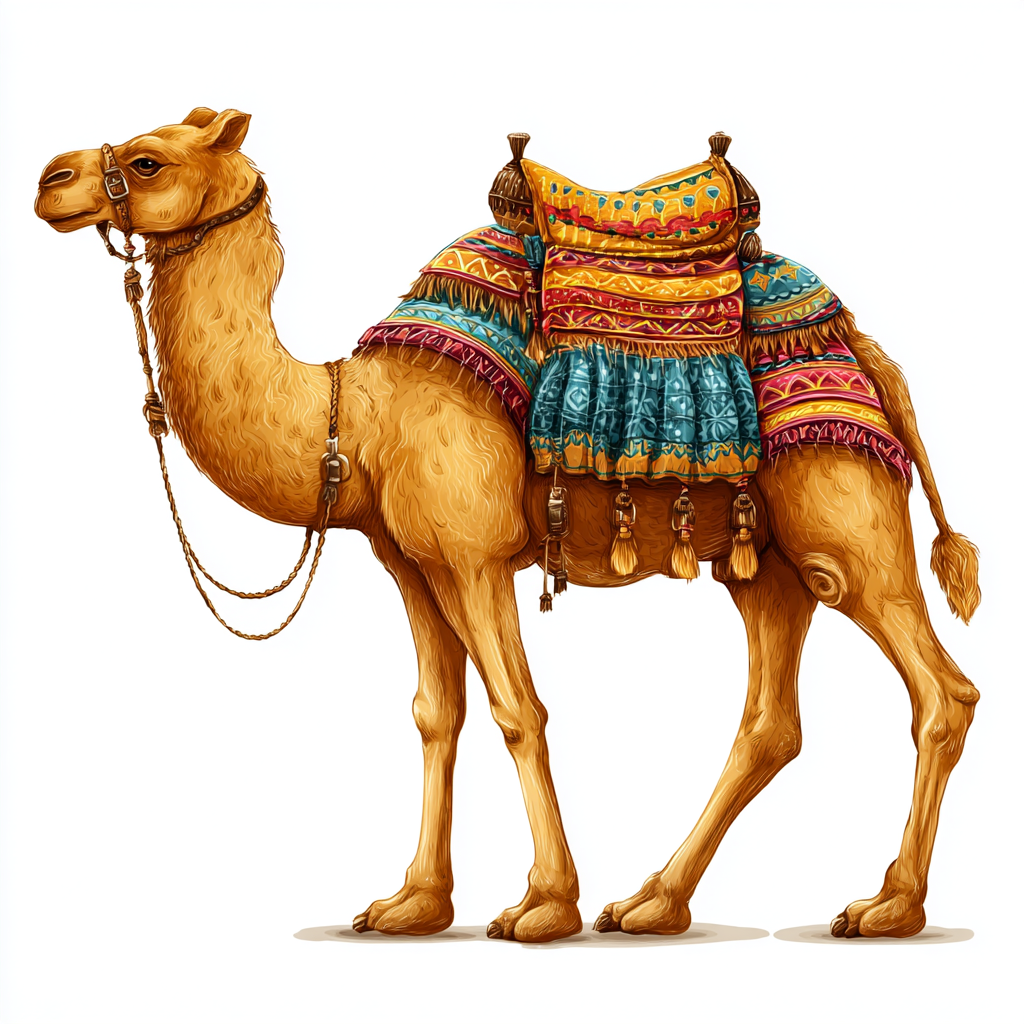 Camel with colorful saddle and reins desert tra, camel clipart