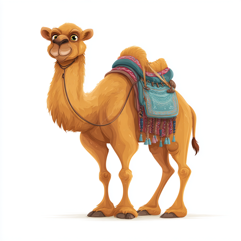 Cute cartoon camel with one hump colorful saddl, camel clipart