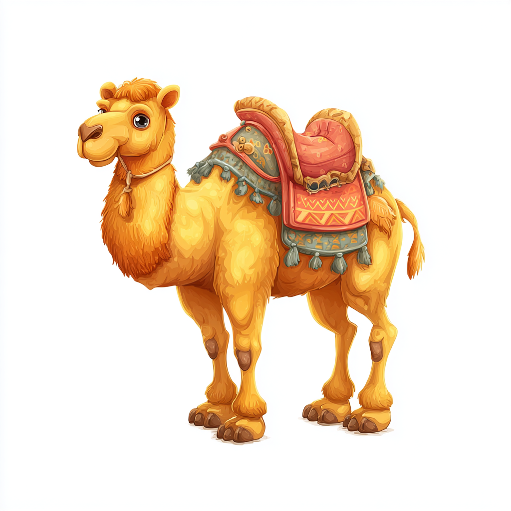 Cute cartoon camel with one hump colorful saddl, camel clipart