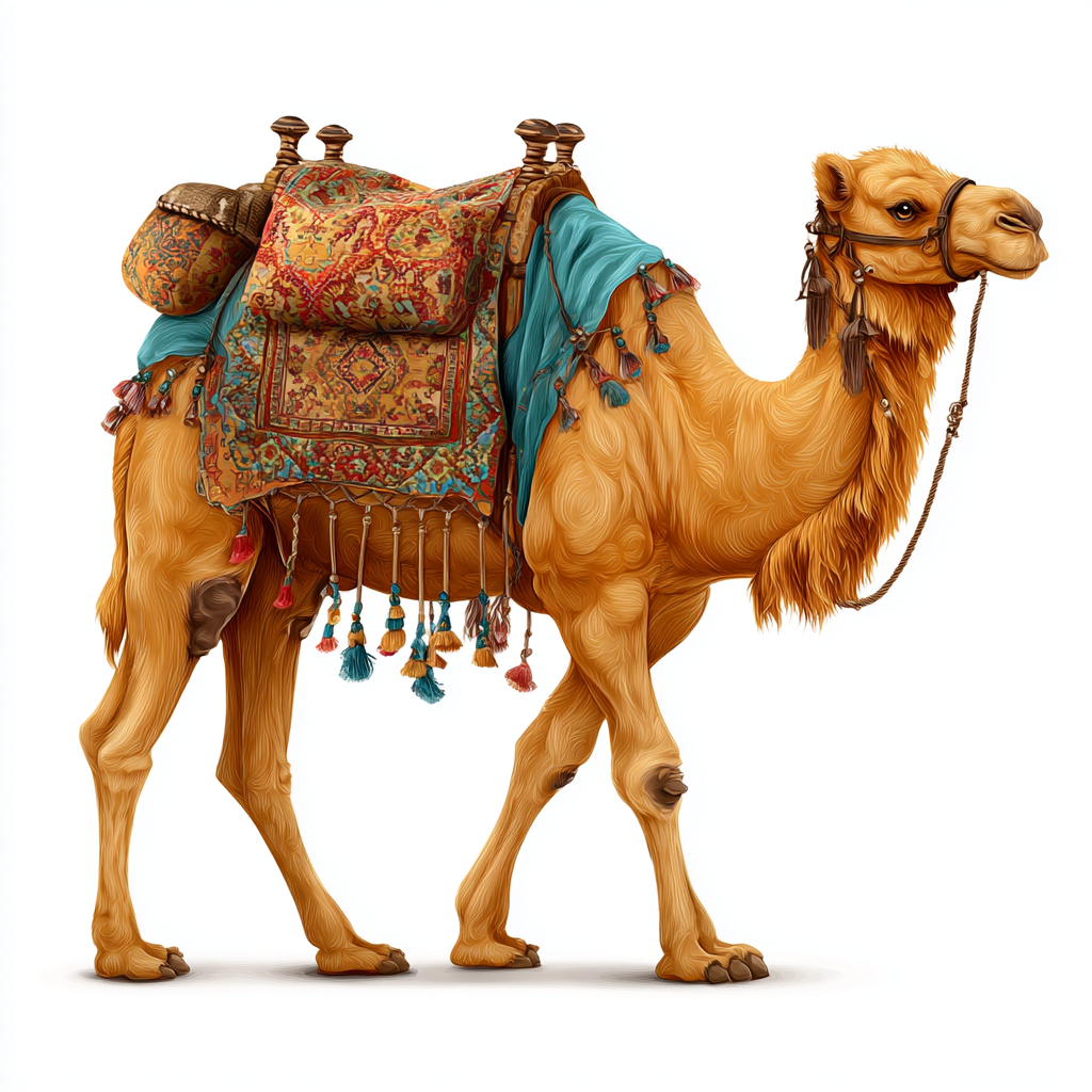 Desert camel with saddle and blanket colorful, camel clipart