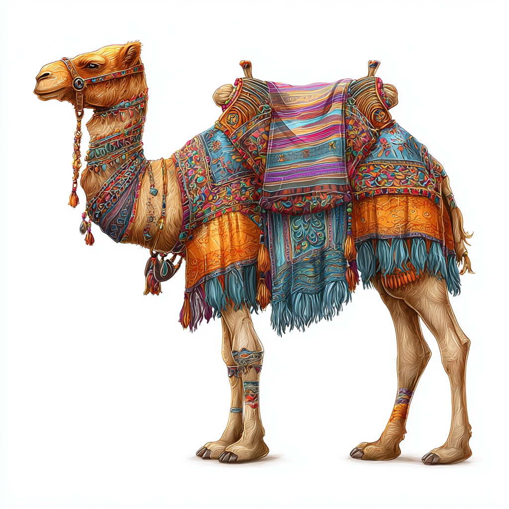 Desert camel with saddle and blanket colorful, camel clipart