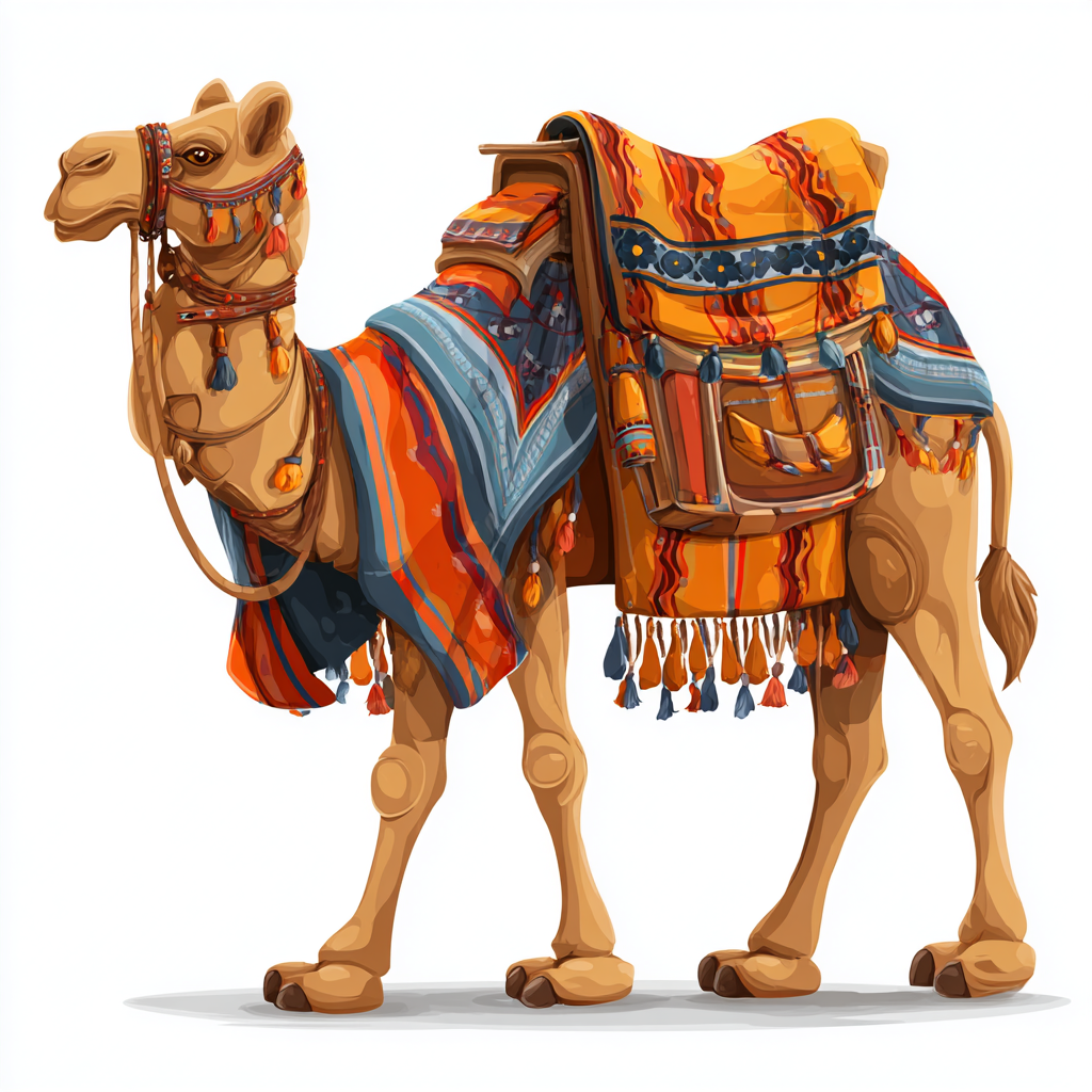 Desert camel with saddle and blanket colorful, camel clipart