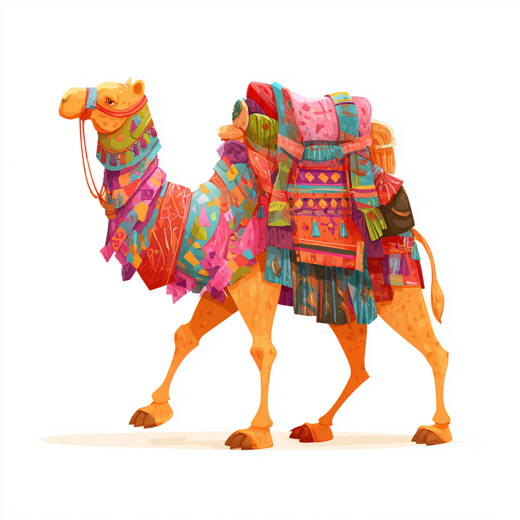 Desert camel with saddle and blanket colorful, camel clipart