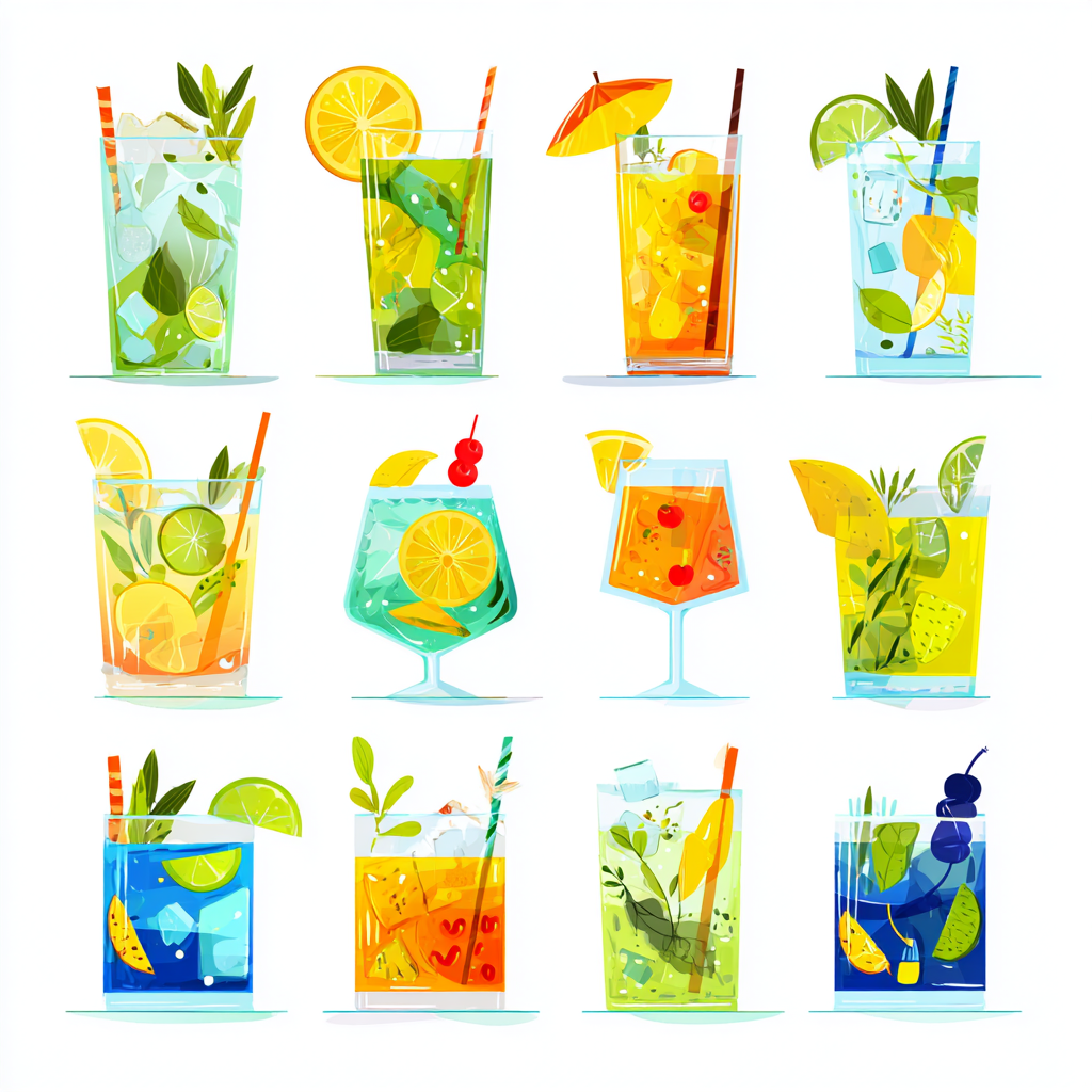 Set of colorful cocktails in different glass, cocktail clipart