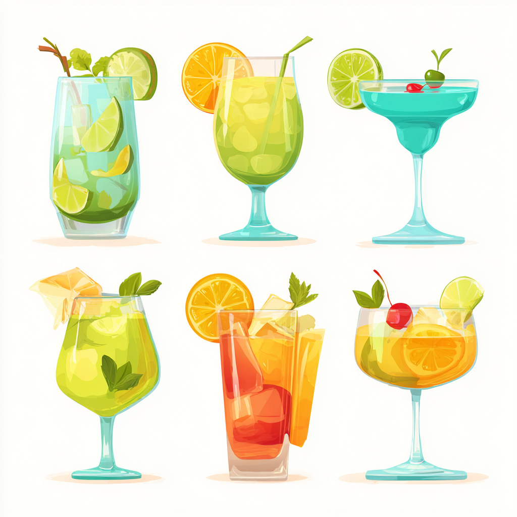 Set of colorful cocktails in different glass, cocktail clipart