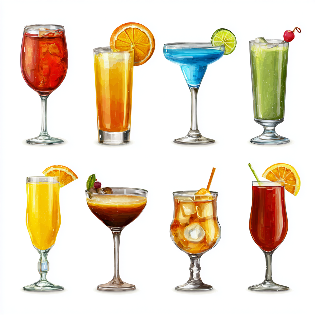Set of colorful cocktails in different glass, cocktail clipart