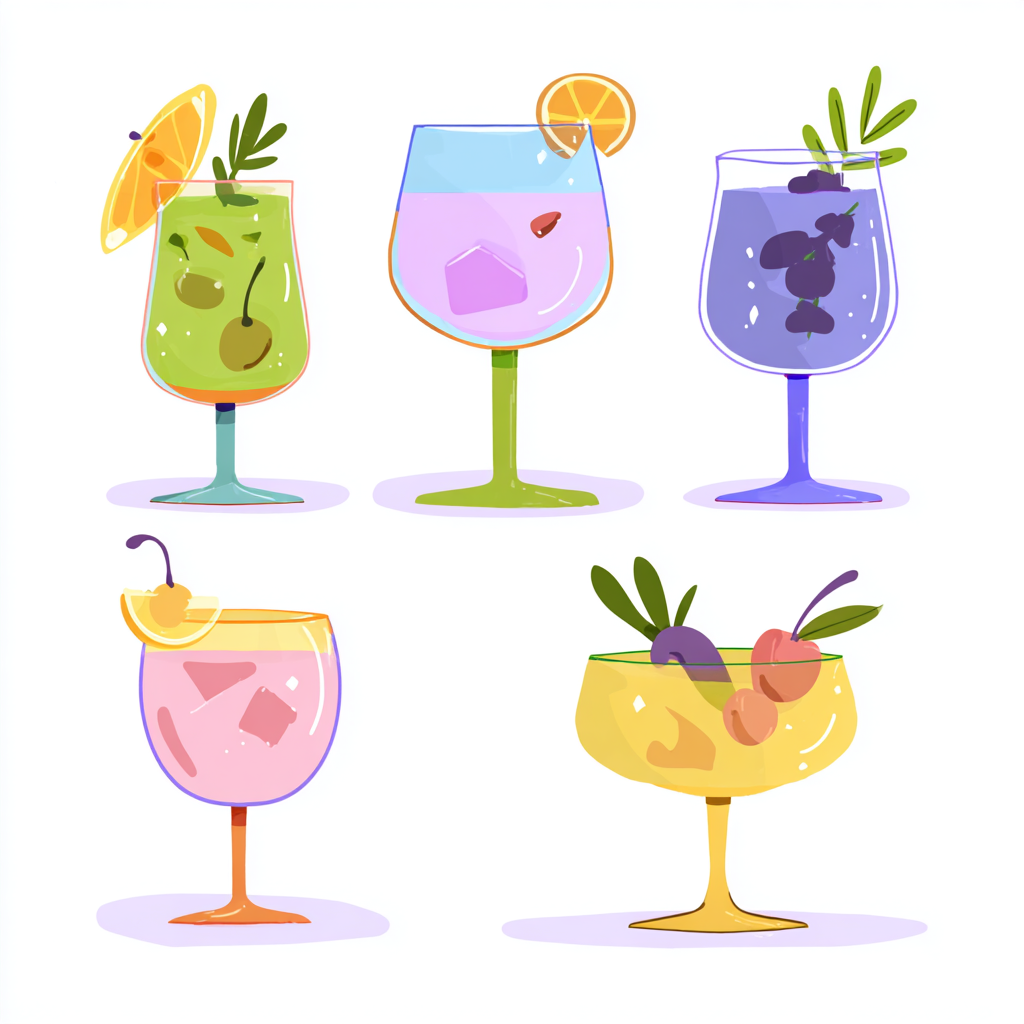 Set of colorful cocktails in different glass, cocktail clipart