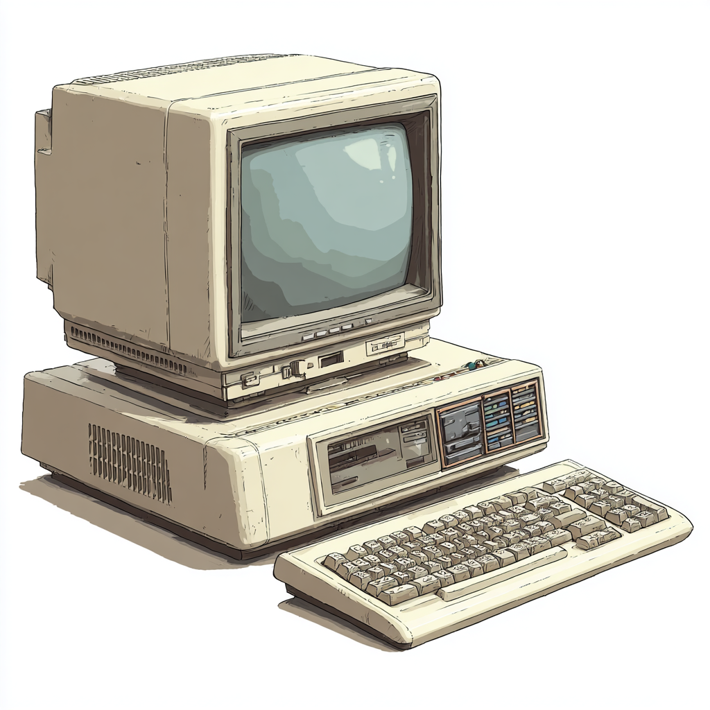 Vintage computer with thick monitor and keyb, computer clipart