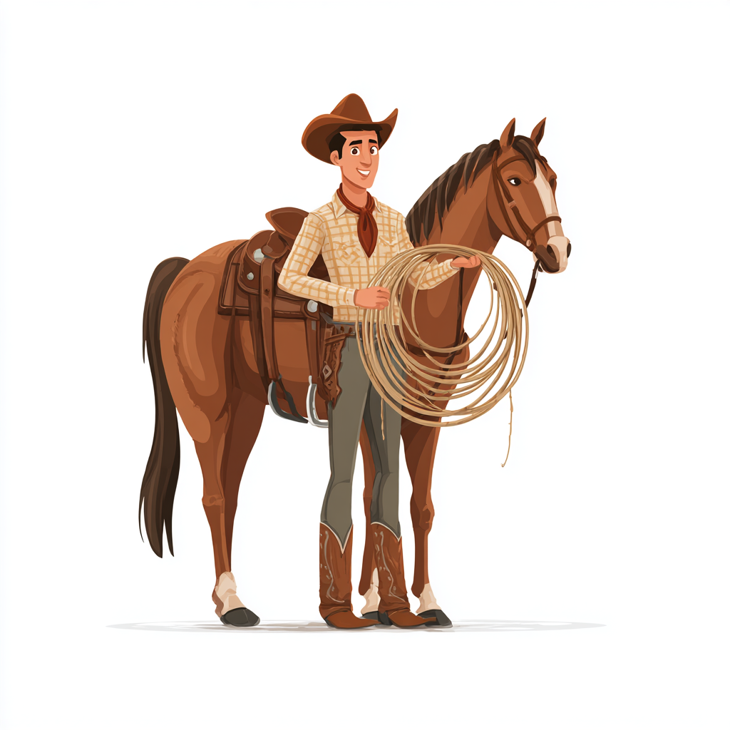 Cute cowboy with horse and lasso flat vector, cowboy clipart