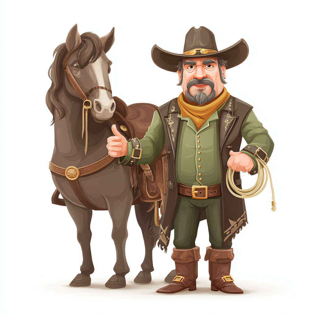 Cute cowboy with horse and lasso flat vector, cowboy clipart