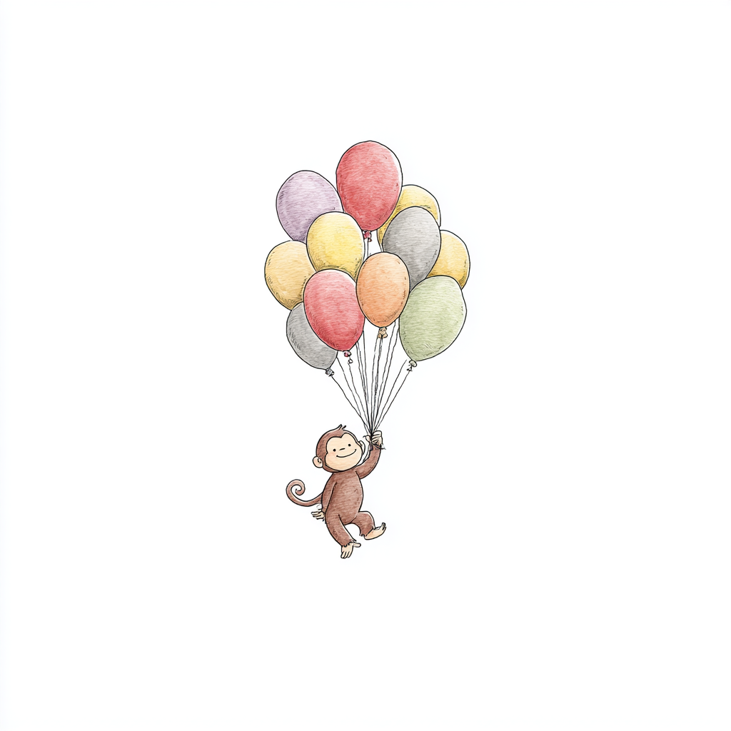 Monkey holding colorful balloons cute, curious george clipart