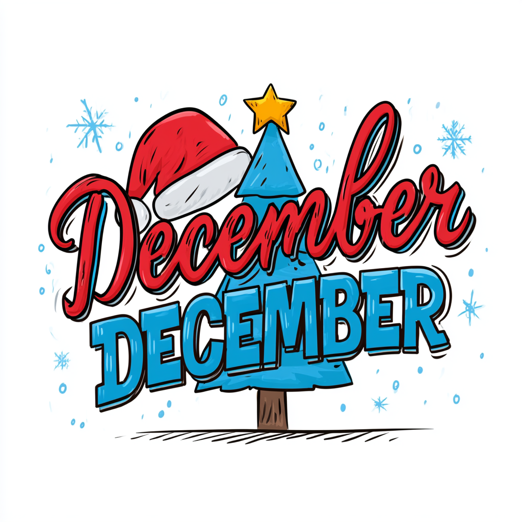 Colorful December lettering with Christmas, december clipart