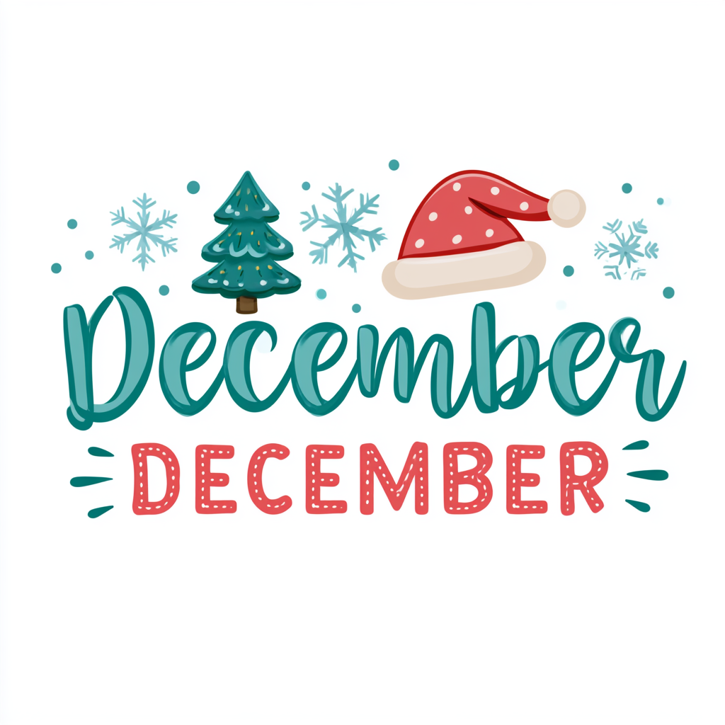 Colorful December lettering with Christmas, december clipart