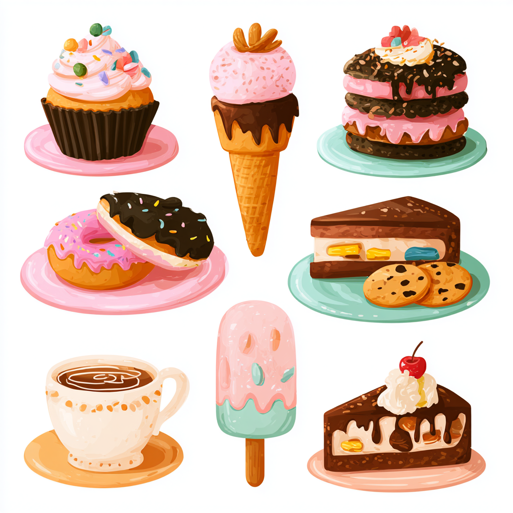 Assorted sweet desserts set with cupcake donu, dessert clipart