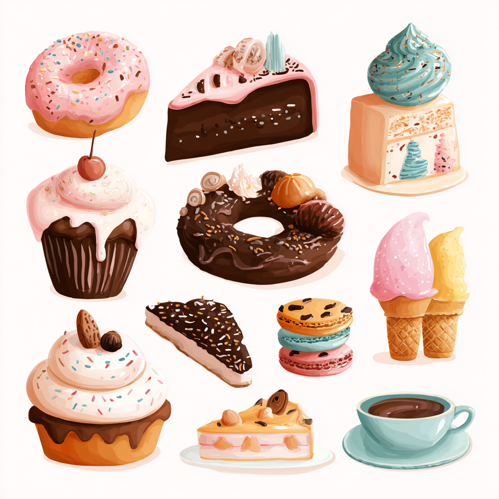 Assorted sweet desserts set with cupcake donu, dessert clipart