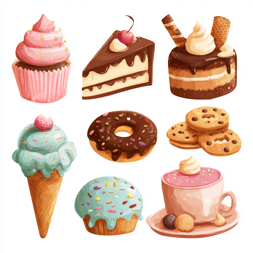 Assorted sweet desserts set with cupcake donu, dessert clipart