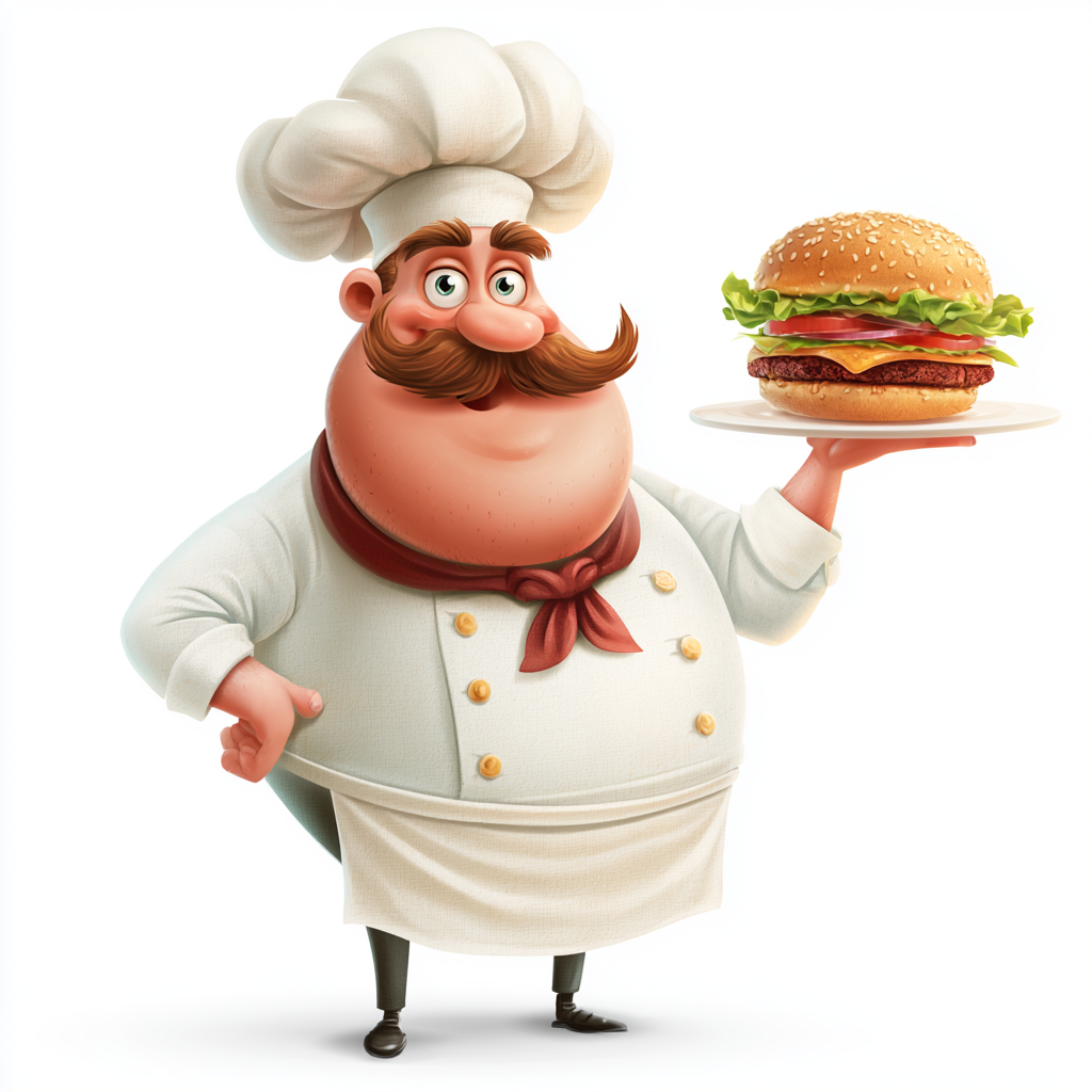Chubby cartoon chef holding burger funny colorful, fat clipart