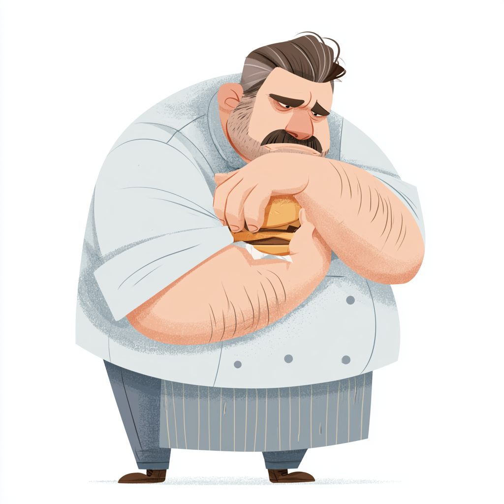 Chubby cartoon chef holding burger funny colorful, fat clipart