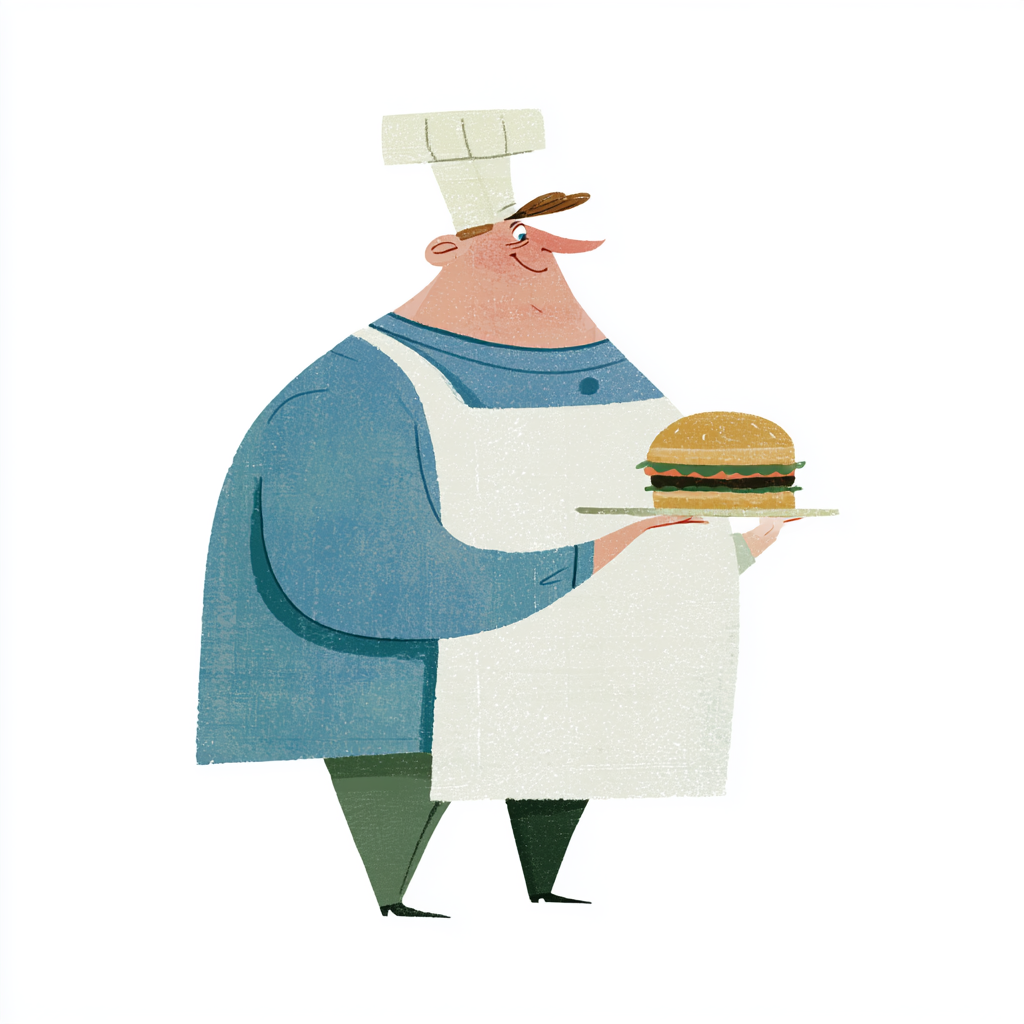 Chubby cartoon chef holding burger funny colorful, fat clipart