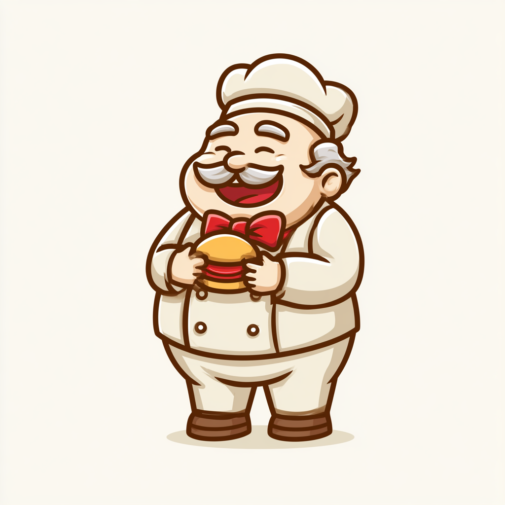 Chubby cartoon chef holding burger funny colorful, fat clipart