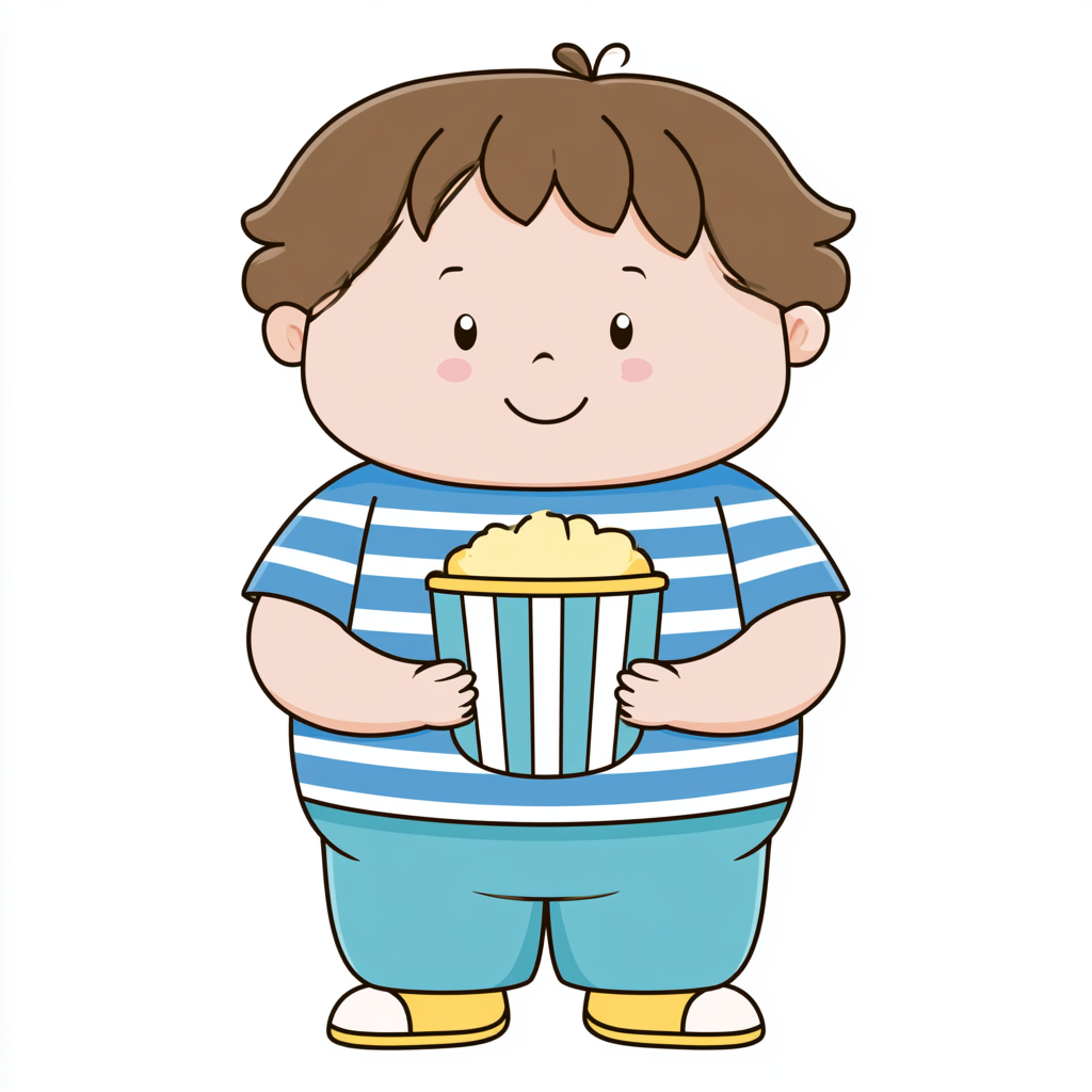 Happy chubby boy eating popcorn cute cartoon styl, fat clipart