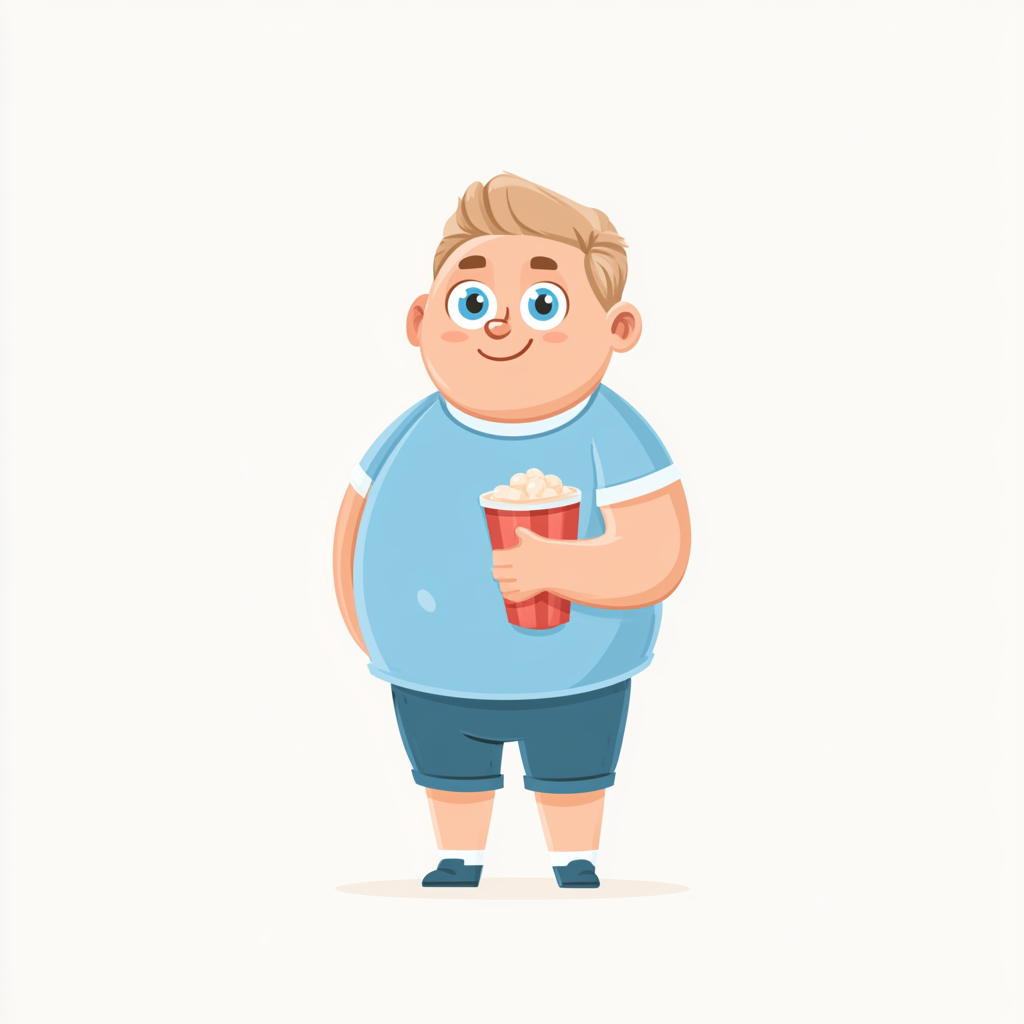 Happy chubby boy eating popcorn cute cartoon styl, fat clipart