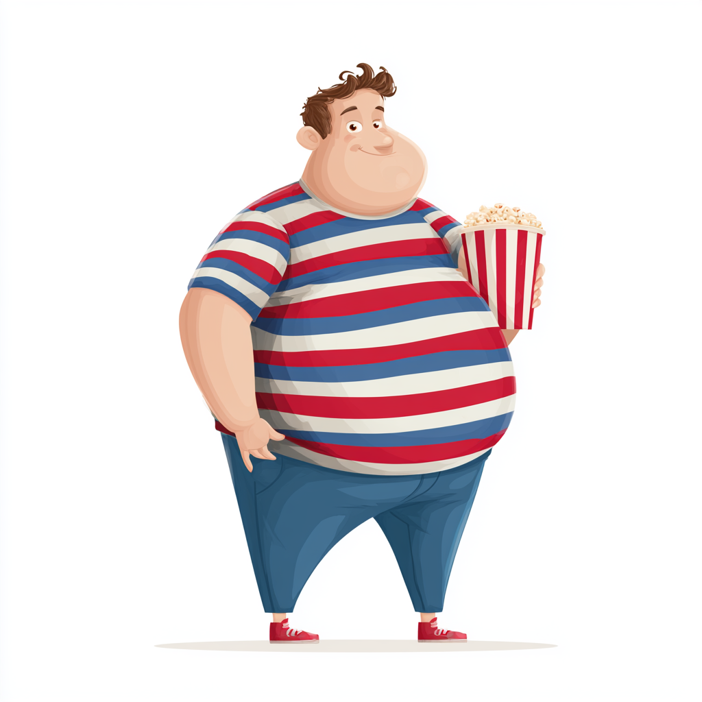 Happy chubby boy eating popcorn cute cartoon styl, fat clipart