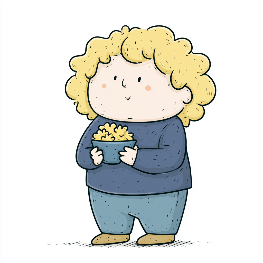 Happy chubby boy eating popcorn cute cartoon styl, fat clipart