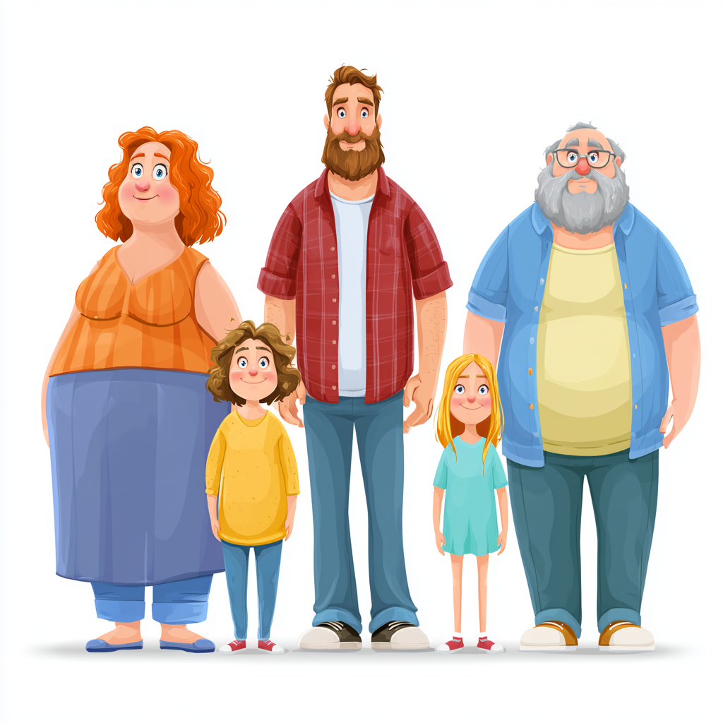 Happy plus size family standing together colorful, fat clipart