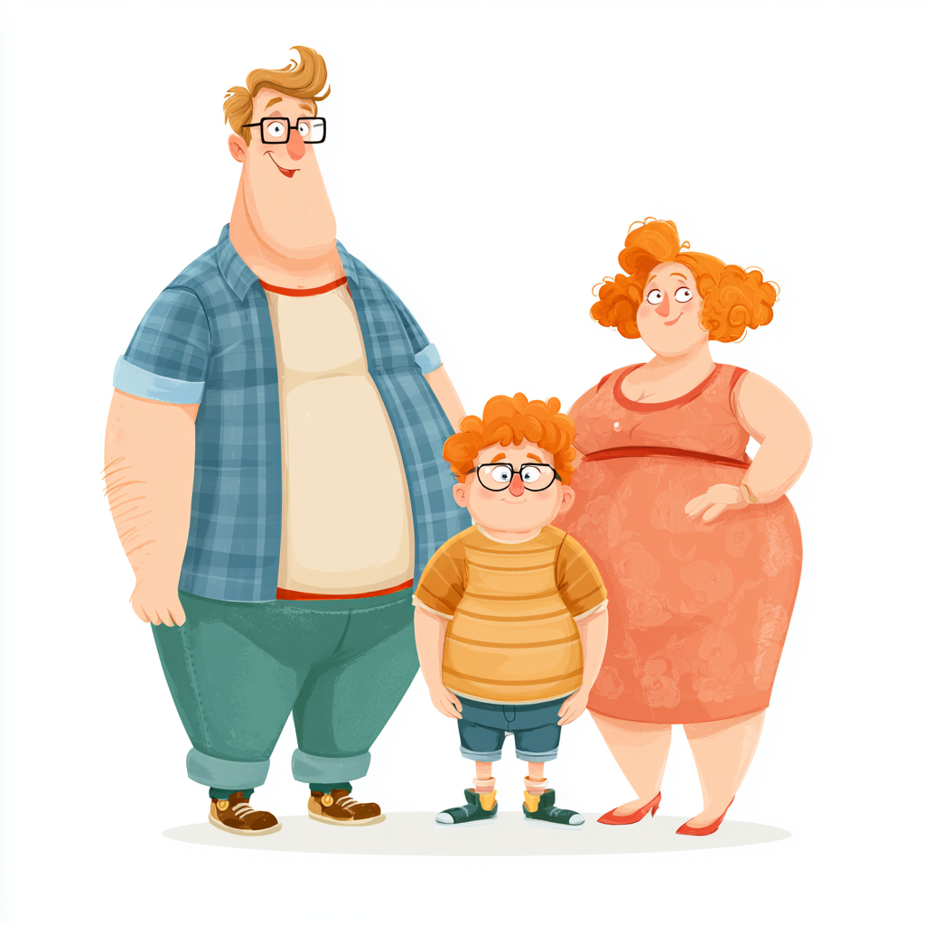 Happy plus size family standing together colorful, fat clipart