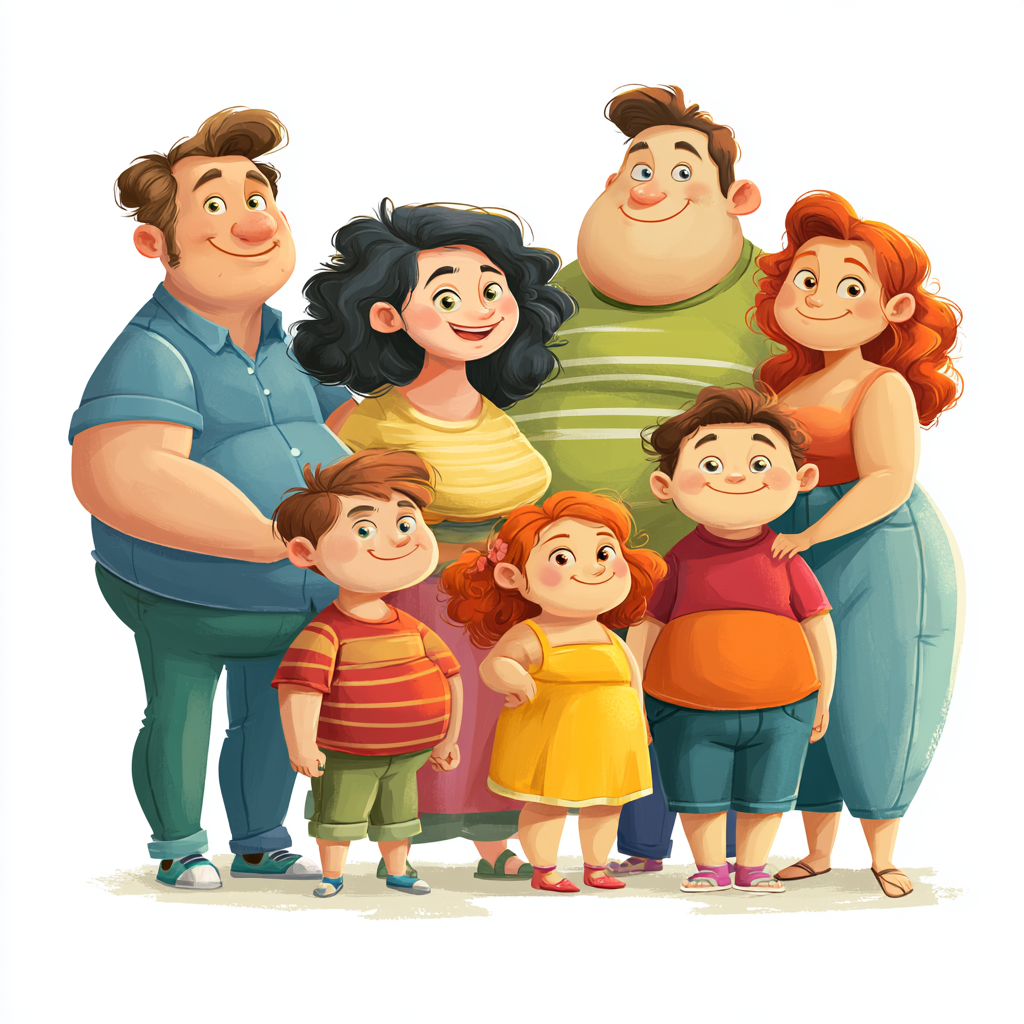 Happy plus size family standing together colorful, fat clipart