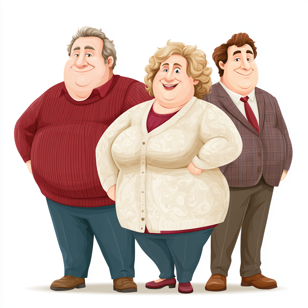 Happy plus size family standing together colorful, fat clipart