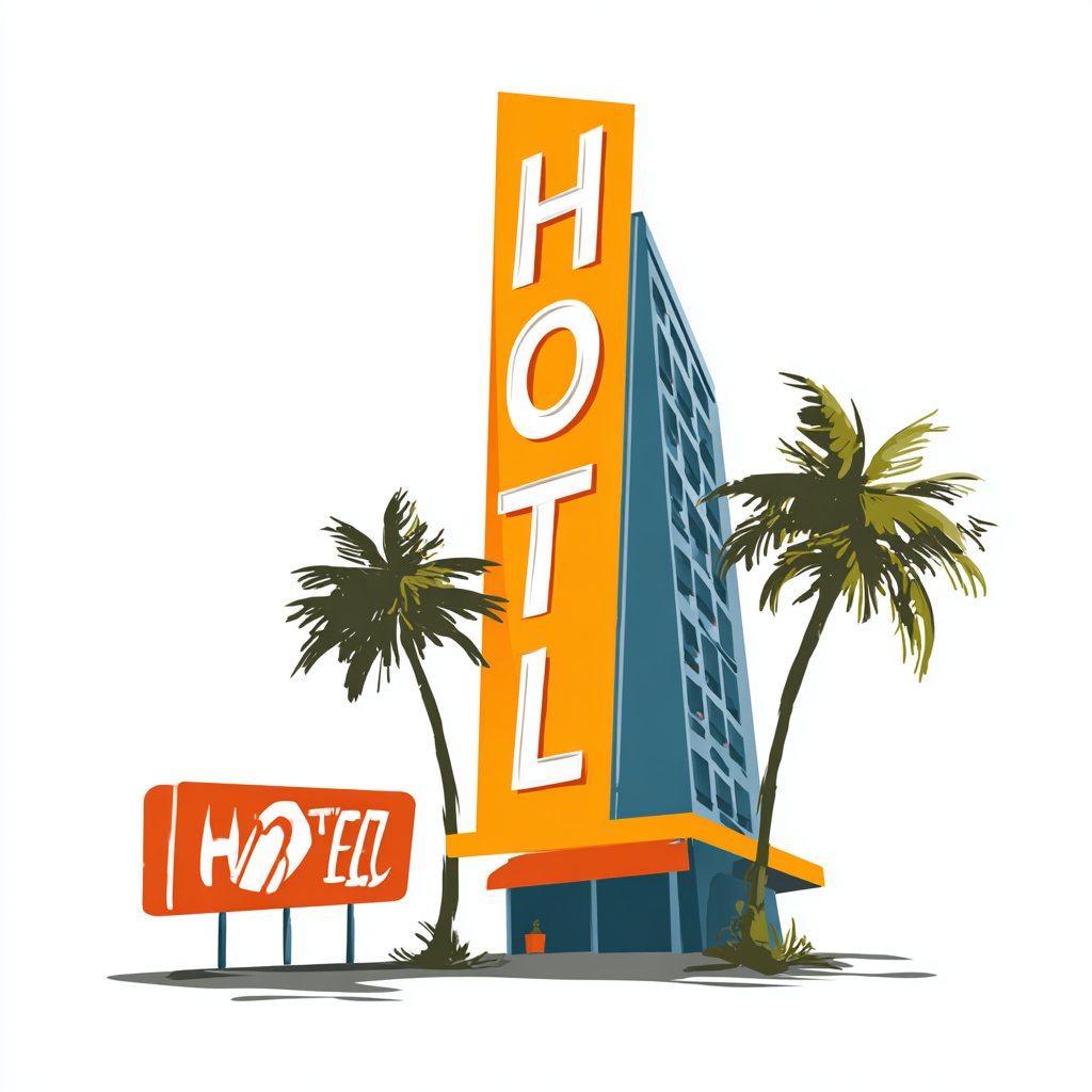 Beach hotel with palm trees and blue sky colorf, hotel clipart