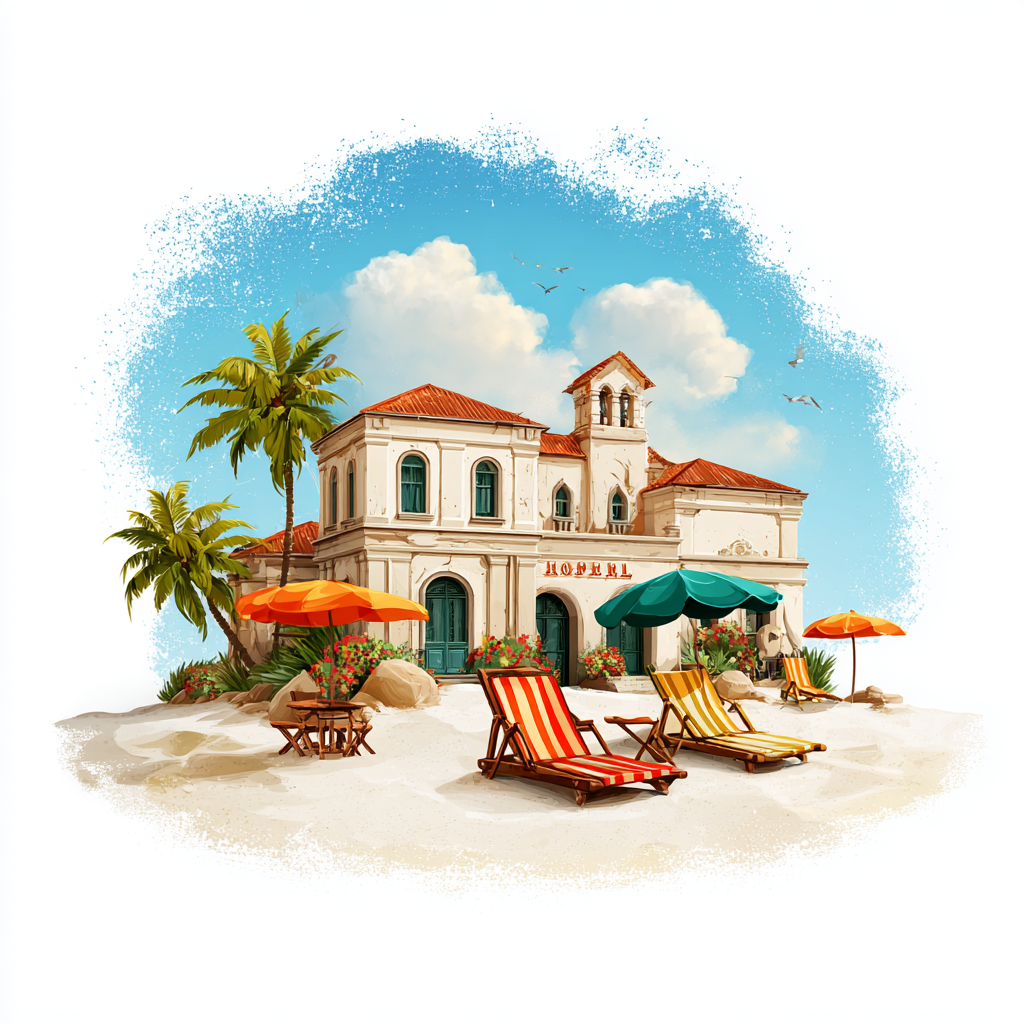 Beach hotel with palm trees and blue sky colorf, hotel clipart