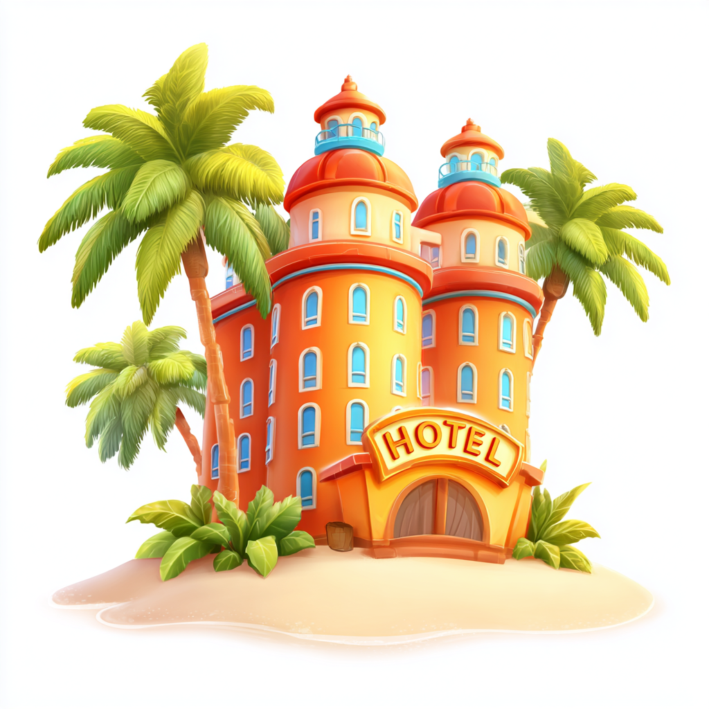 Beach hotel with palm trees and blue sky colorf, hotel clipart